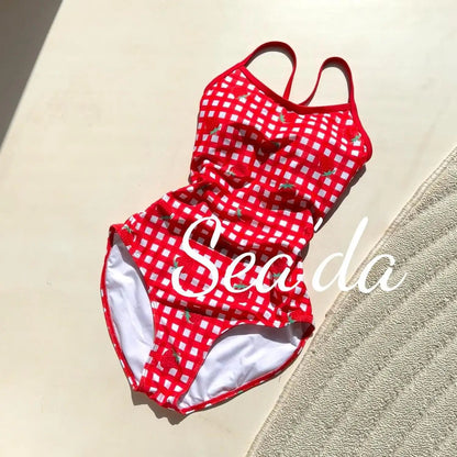 Red Strawberry Plaid Speed Suit Swimming Suit Women's Conservative One-Piece Swimsuit Quick-Dry High Elasticity Backless