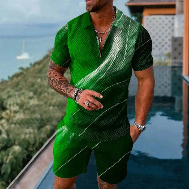 Completo da uomo composto da polo con cerniera, tinta unita, stampa 3D sfumata, colletto polo e pantaloncini. Abbigliamento estivo oversize per le vacanze alle Hawaii.