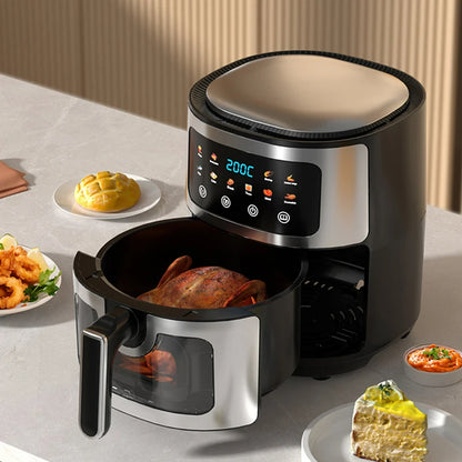 Friggitrice ad aria in acciaio inossidabile da 5 litri, elettrodomestico da cucina elettrico con display LCD e controllo touch screen, senza olio, per casa e hotel
