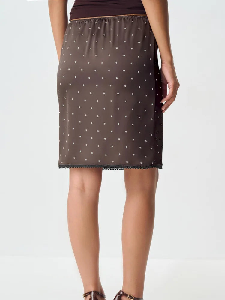 Articat Fashion Satin Polka Dot Print Bodycon Skirt Women Sexy Tight Zipper Lace Trim Half Skirt Autumn New Office Streetwear