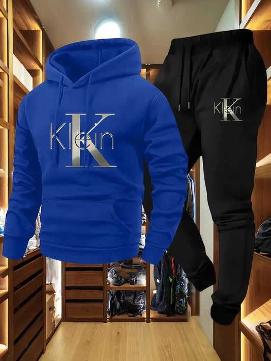 Completo casual da uomo a due pezzi con motivi autunnali e invernali, felpa con cappuccio, pantaloni lunghi con tasche, tuta sportiva per attività all'aperto.