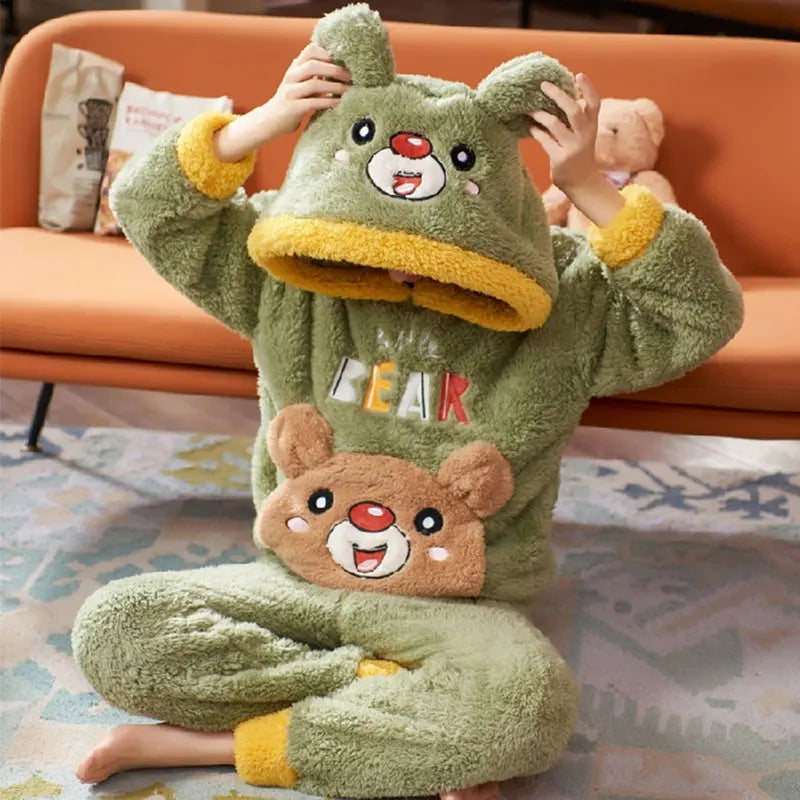 Pigiama invernale caldo per ragazzi con animali dei cartoni animati, set pigiama per bambini in pile di corallo, completo da casa in flanella con cappuccio, pigiama per ragazzi