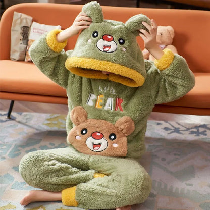 Pigiama invernale caldo per ragazzi con animali dei cartoni animati, set pigiama per bambini in pile di corallo, completo da casa in flanella con cappuccio, pigiama per ragazzi