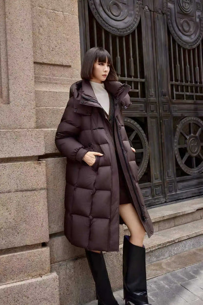 Winter Hooded Warm Knee Length Down Jacket Female Loose Zipper Thicken Jackets Women White Duck Down Casual Parker Long Outwears