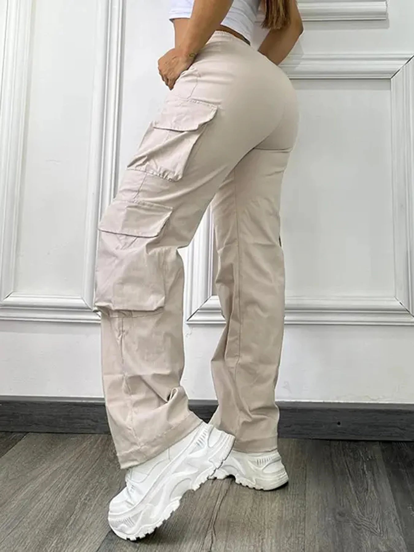 Pantaloni da lavoro elasticizzati a vita alta con tasche, tinta unita, da donna