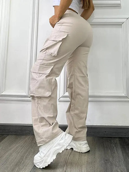 Pantaloni da lavoro elasticizzati a vita alta con tasche, tinta unita, da donna