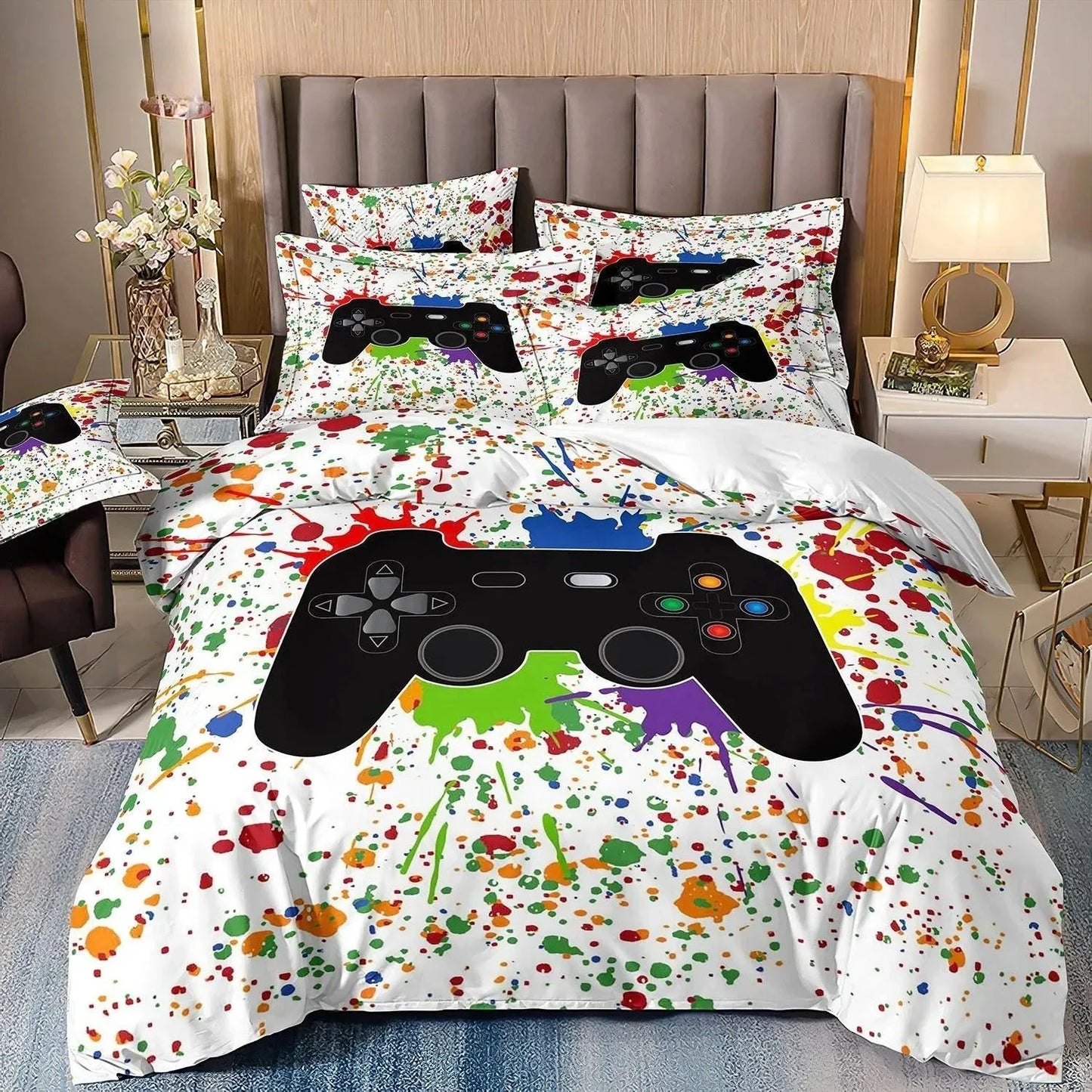 Set di biancheria da letto per gamer per ragazzi, set copripiumino per videogiochi, copripiumino matrimoniale, set letto con design PlayStation per ragazzi e ragazze.