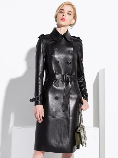 Lautaro-Long Black Faux Leather Trench Coat for Women, Belt, Double Breasted, Vintage, British Style, Overcoat, 6XL, 7XL, Spring