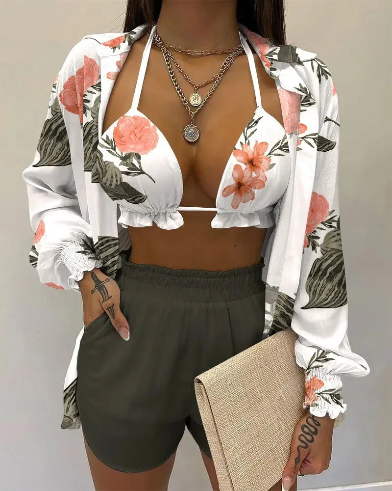 Three Pieces Swimwear Sexy Beachwear 2024 New Bathing Suit Shorts Cover Up Summer High Waist Bikini Set Print Women's Swimsuit