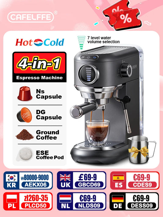 Macchina per caffè espresso Cafelffe 4 in 1 Cafetera Cappuccino Dolce Gusto Nes Capsule ESE Pod Ground Regalo per amante, papà, mamma