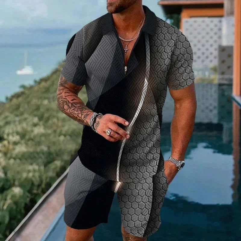 Completo da uomo composto da polo con cerniera, tinta unita, stampa 3D sfumata, colletto polo e pantaloncini. Abbigliamento estivo oversize per le vacanze alle Hawaii.