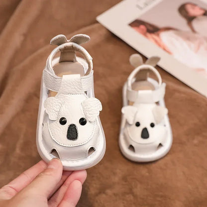 Sandali in vera pelle per neonati e bambini, scarpe estive da spiaggia con personaggi dei cartoni animati, scarpe casual per neonati con suola morbida e antiscivolo.