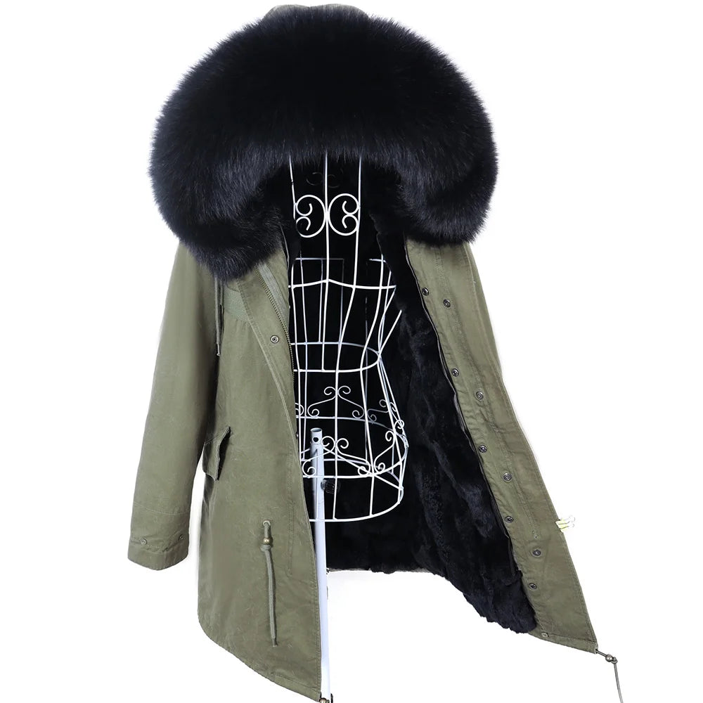 Maomaokong 2022 Giacca invernale da donna Parka lungo Impermeabile Grande pelliccia di volpe naturale vera Collo di pelliccia di procione Cappuccio Fodera in caldo coniglio
