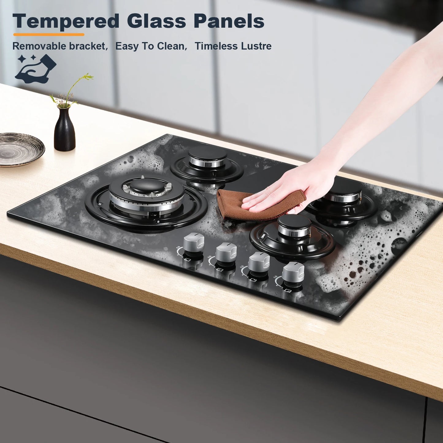 Piano cottura a gas da 60 cm a 4 fuochi, piano cottura in vetro nero resistente con protezione termocoppia, piano cottura da incasso a doppia alimentazione (GN/GPL) da 8060 W