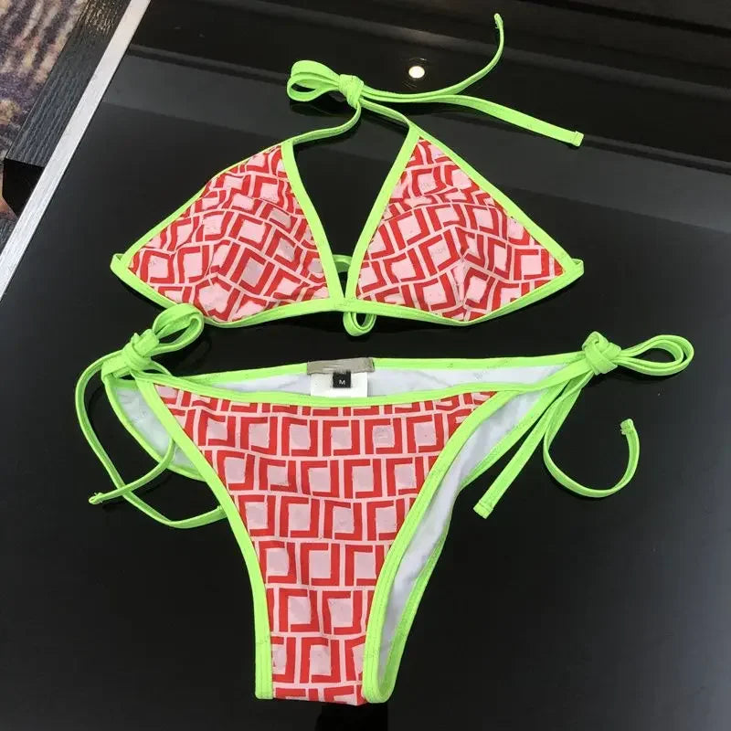The 2025 high-waisted bikini letter print swimsuit is the latest V-neck swimsuit for women in summer