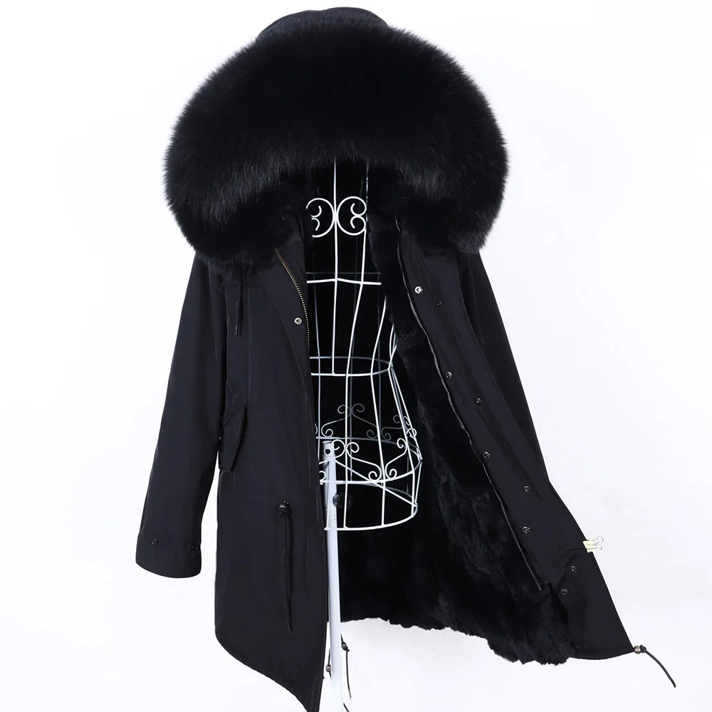 Maomaokong 2022 Giacca invernale da donna Parka lungo Impermeabile Grande pelliccia di volpe naturale vera Collo di pelliccia di procione Cappuccio Fodera in caldo coniglio