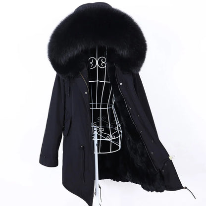 Maomaokong 2022 Giacca invernale da donna Parka lungo Impermeabile Grande pelliccia di volpe naturale vera Collo di pelliccia di procione Cappuccio Fodera in caldo coniglio