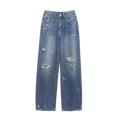 ETJ 2025  Spring new women's 1975 series high-waisted curved silhouette all cotton old ripped detail wide leg jeans