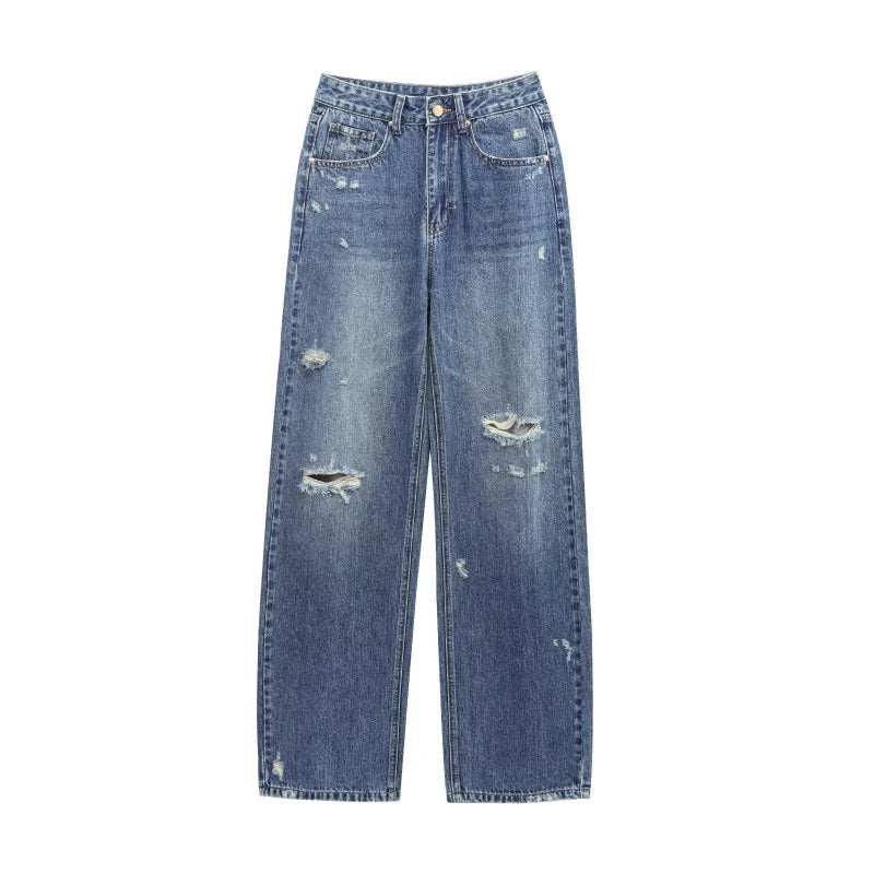 Jeans da donna ETJ Primavera 2025, nuova collezione 1975, a vita alta, silhouette curva, 100% cotone, con effetto strappato e gamba larga.