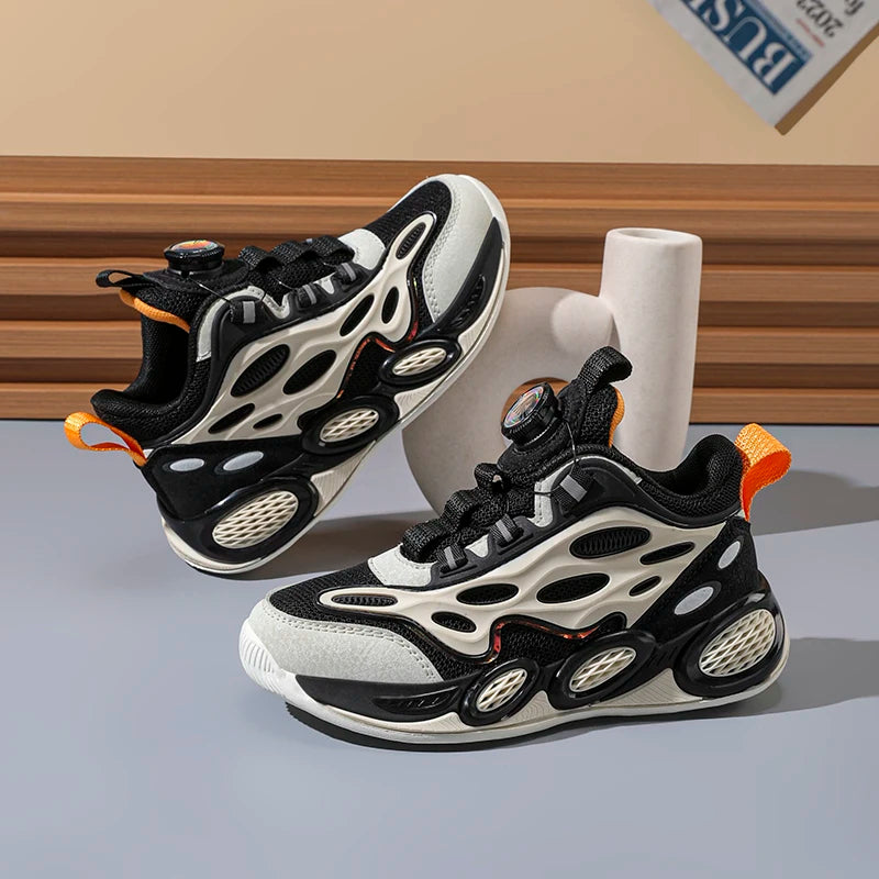 Scarpe da bambino 2024 Nuove scarpe sportive casual per bambini primavera e autunno con chiusura a bottone rotante e rete traspirante