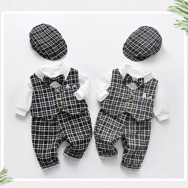 Abbigliamento da gentiluomo per neonati: gilet a quadri, cappello, pantaloni, body bianco, set da 7 pezzi per matrimonio, abito formale da boutique per neonato.