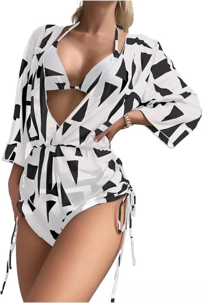 Conservative Leaf Print Bikini Three Piece Set Waist Cinching String Sports Style Beach Swimsuit High Elasticity Polyester