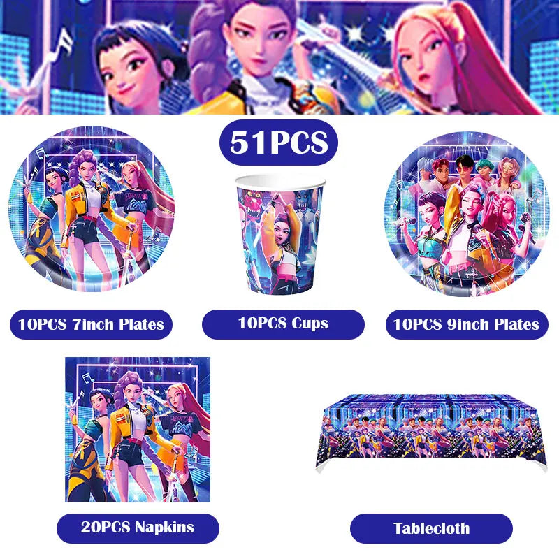 Kpop Demon Hunter Birthday Decoration Set Kpop Girl Cup Pate Happy Balloon Happy Banner Gift Bags Supplies for Kids Party Favors