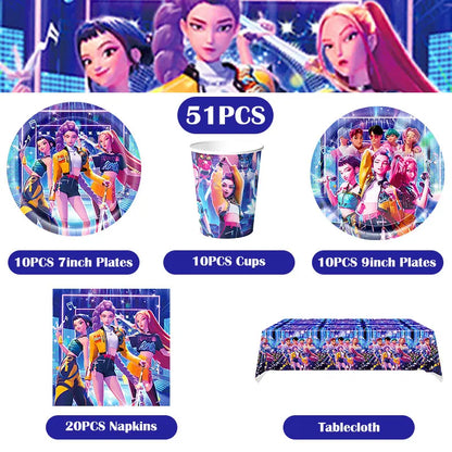 Kpop Demon Hunter Birthday Decoration Set Kpop Girl Cup Pate Happy Balloon Happy Banner Gift Bags Supplies for Kids Party Favors