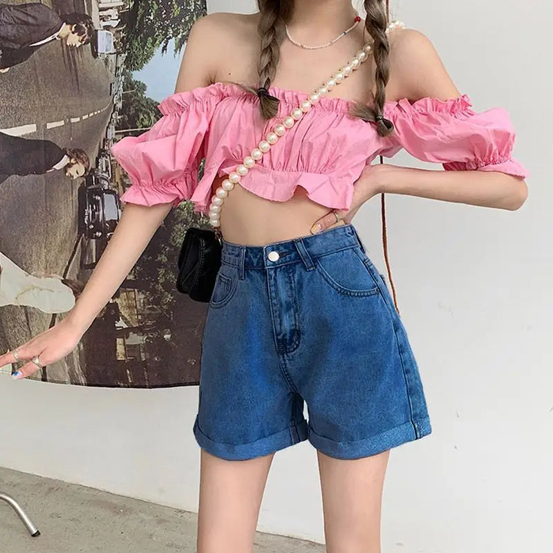 Light Blue High Waist Wide Leg A- Line Shorts Women's Denim Cuffed Hot Pants Design Sensation Casual Korean Style Cotton Shorts