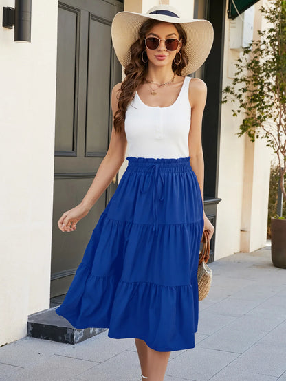 Women's High Waisted Solid Color Tiered Midi Skirt a Line Flared Half Skirt with Elastic Waist Perfect for Everyday Wear