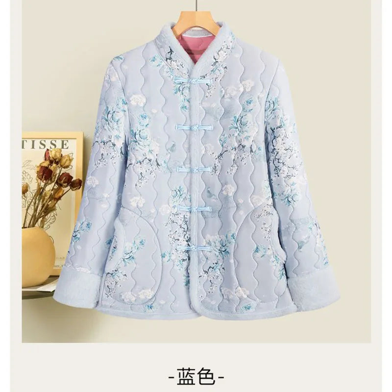 Chinese Cotton-padded Jacket Women's Mother's Wind Coat New Thick Jacket 2025 Winter Female Plus Velvet Retro Buckle Overwear