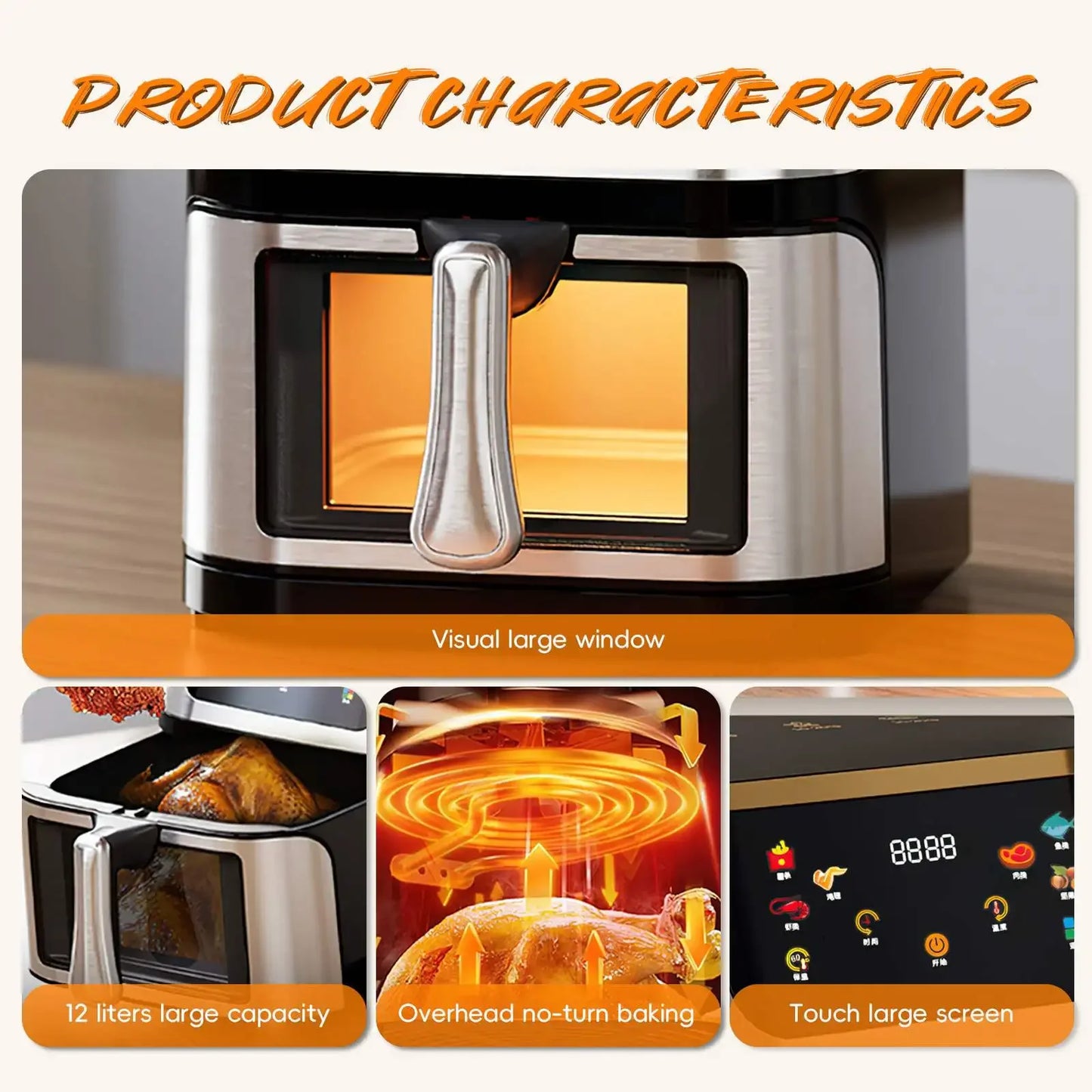Friggitrice ad aria elettrica ad alta capacità visibile in acciaio inossidabile da 8 litri, forno ad aria multifunzione, touch screen a LED, alta temperatura a 210 °