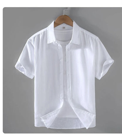 Camicia da uomo in cotone e lino a maniche corte, estiva, stile streetwear, tinta unita, collo alto, casual, stile spiaggia, taglie forti dalla M alla 3XL