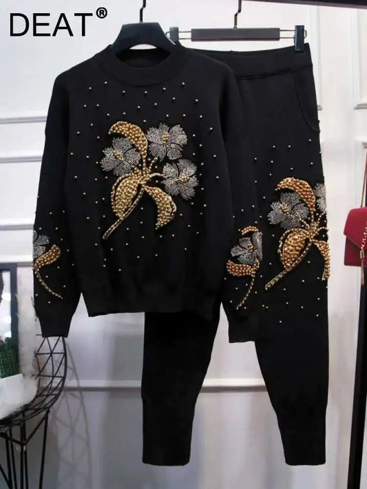 DEAT Completo da donna in due pezzi con perline, maglia a fiori, elastico in vita, pantaloni lunghi, nuova moda primavera estate 2025, completo 11B795