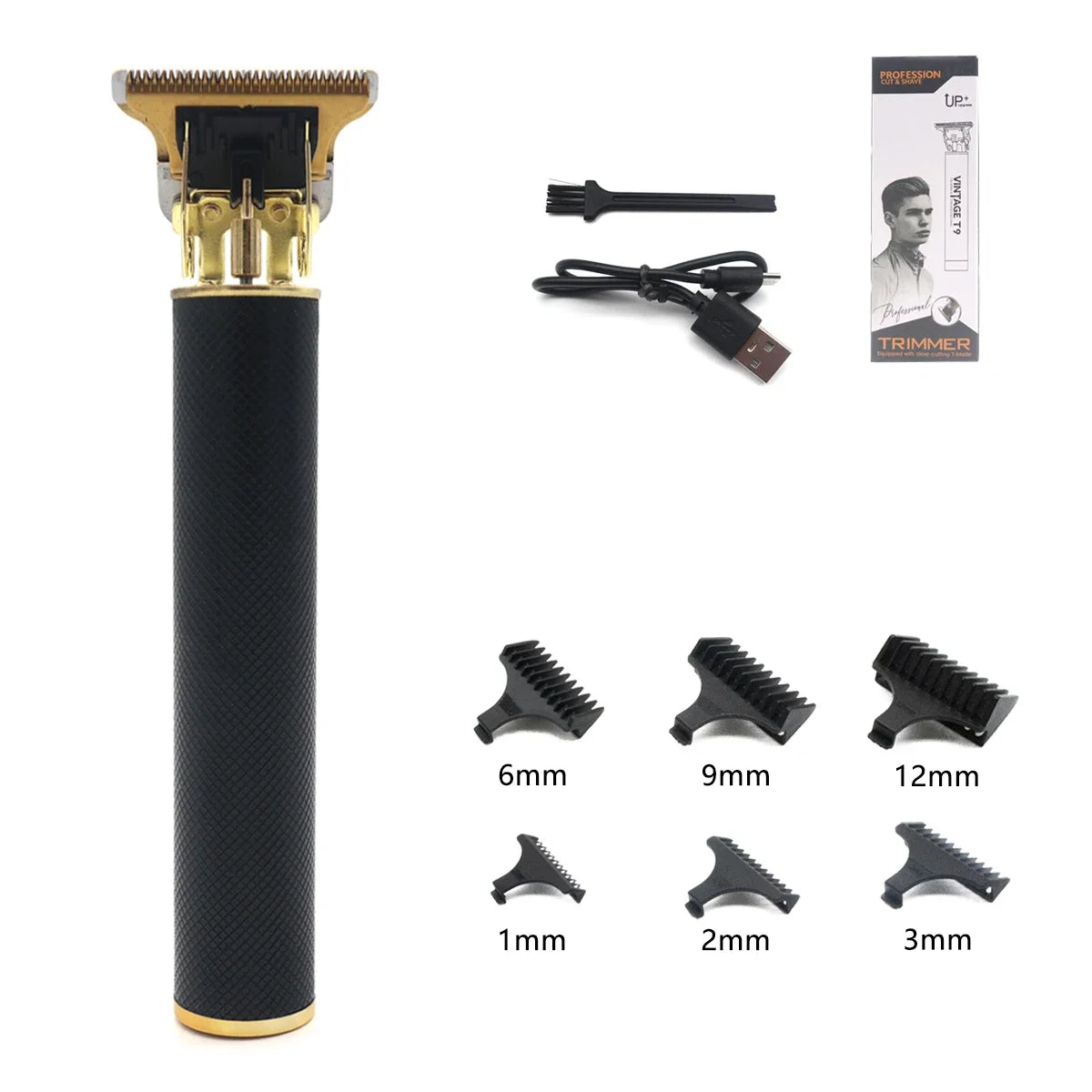 Professional T9 Hair Trimmer Stainless Steel Blade Metal Body with 9 Optional Limit Combs Cordless for Hair Beard Trimming
