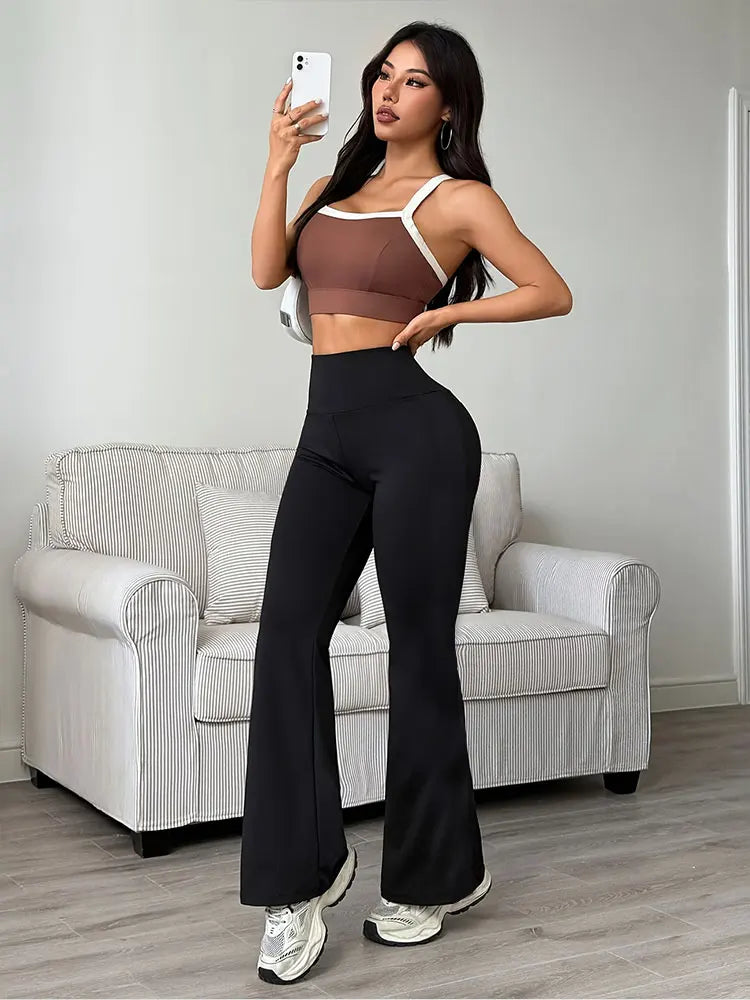 Minimalist Fashion Flared Pants High Waist Stretch Knitted Ultra Soft Yoga Leggings Pants Casual Sports Slim Flare Long Trousers
