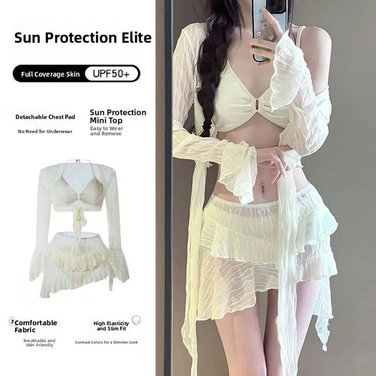 Bikini sexy da donna, costume da bagno bikini, modello snellente e coprente per la pancia, set di quattro pezzi per vacanze al mare e terme.
