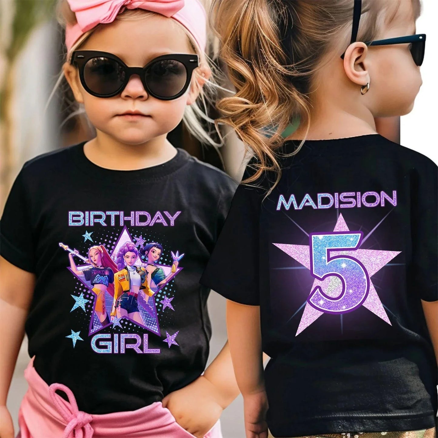 T-shirt per bambini in puro cotone con stampa fronte-retro a tema K-Pop "Demon Hunters" di HUNTRX, un vero successo di vendite.