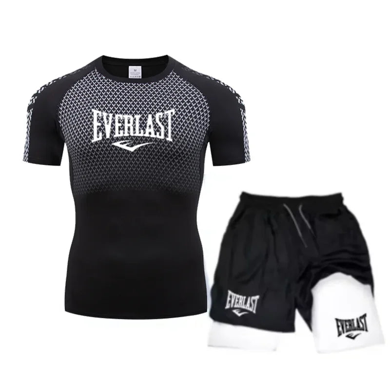 EVERLAST Maglietta a compressione da uomo + pantaloncini sportivi 2 in 1 Set 2 pezzi Tempo libero Traspirante Manica corta Sport Jogging Palestra Abbigliamento di marca Stampa