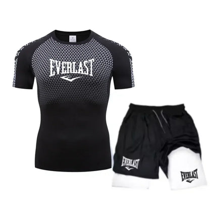 EVERLAST Maglietta a compressione da uomo + pantaloncini sportivi 2 in 1 Set 2 pezzi Tempo libero Traspirante Manica corta Sport Jogging Palestra Abbigliamento di marca Stampa
