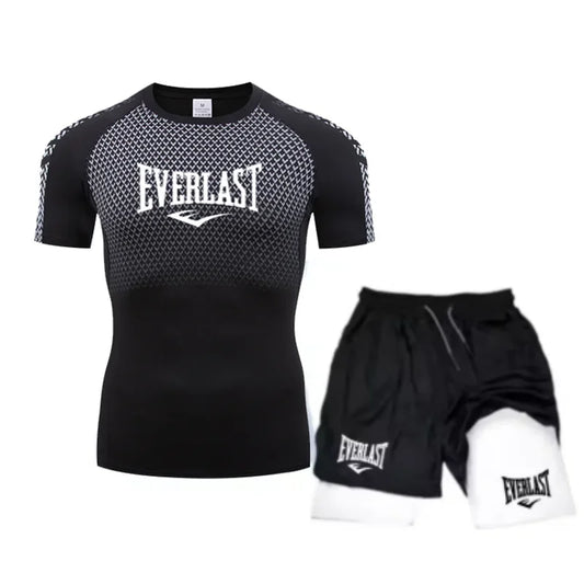 EVERLAST Maglietta a compressione da uomo + pantaloncini sportivi 2 in 1 Set 2 pezzi Tempo libero Traspirante Manica corta Sport Jogging Palestra Abbigliamento di marca Stampa