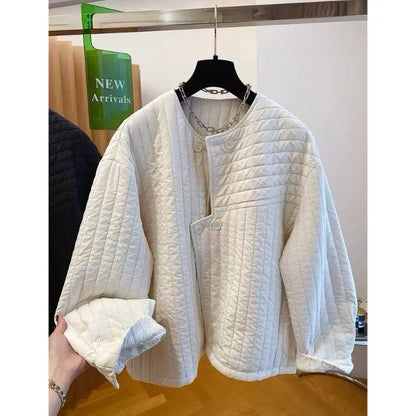 Crew neck light cotton clothes women's autumn and winter 2025 new casual irregular placket padded jacket top