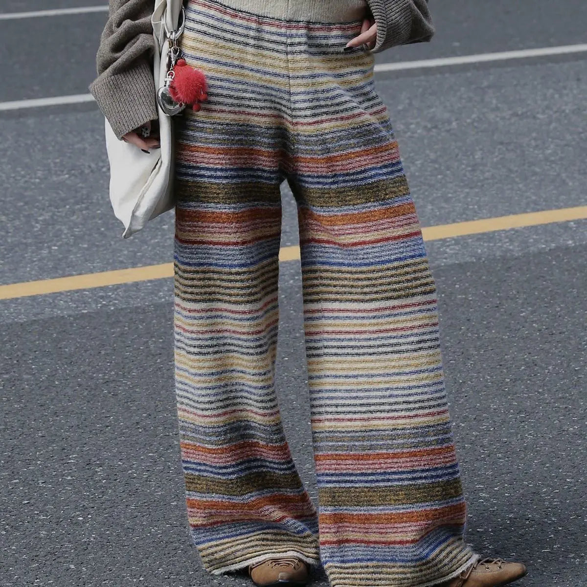 Pantaloni lunghi da donna a righe retrò con cuciture a contrasto, perfetti per l'autunno e l'inverno, nuovi pantaloni casual in lana dalla vestibilità ampia.