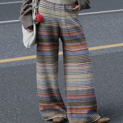 Retro Striped Contrasting Needle Long Leg Pants For Women In Autumn And Winter, New Loose Woolen Casual Fashion Pants