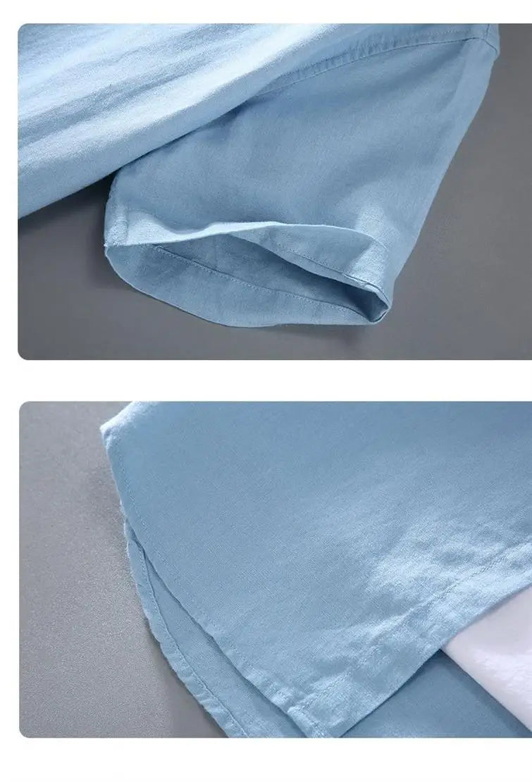 Camicia da uomo in cotone e lino a maniche corte, estiva, stile streetwear, tinta unita, collo alto, casual, stile spiaggia, taglie forti dalla M alla 3XL