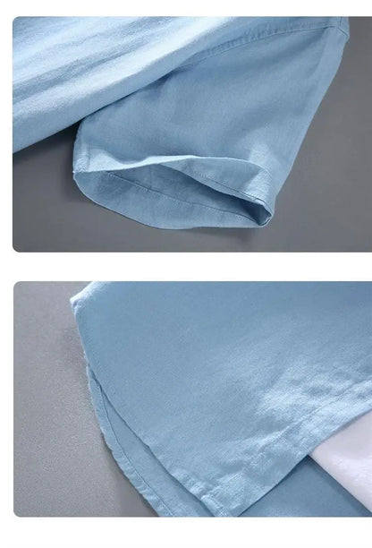 Camicia da uomo in cotone e lino a maniche corte, estiva, stile streetwear, tinta unita, collo alto, casual, stile spiaggia, taglie forti dalla M alla 3XL