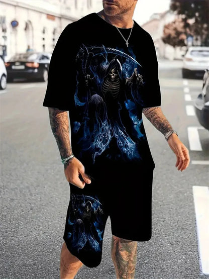 T-shirt casual a maniche corte per vacanze, pantaloncini da strada per esterni, set di pantaloncini estivi da uomo a maniche corte, set da uomo con stampa teschio, modello alla moda