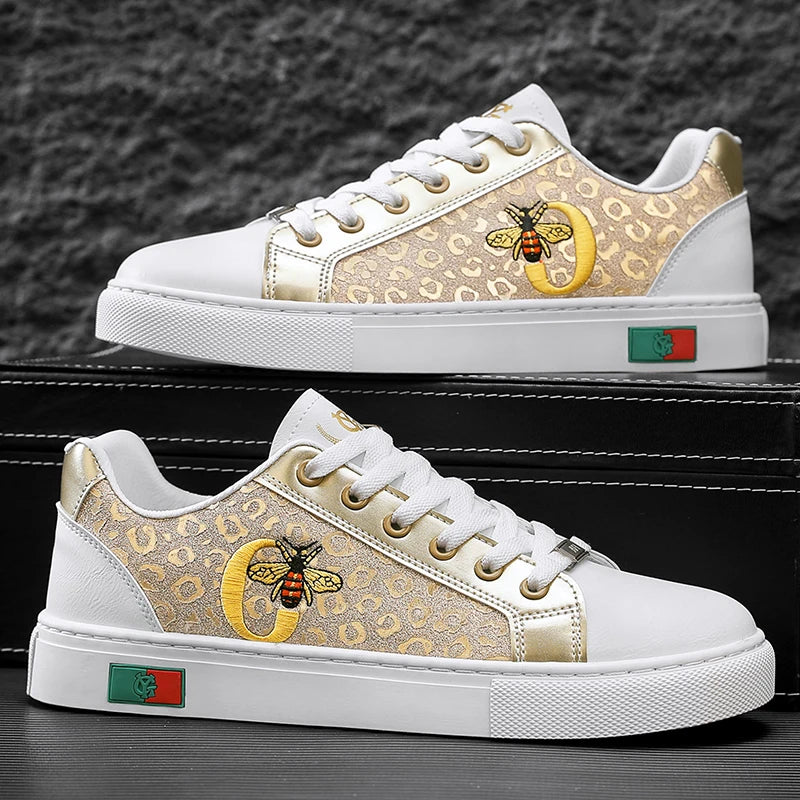 Sneakers casual da uomo, scarpe punk dorate con tomaia in microfibra e pelle, scarpe sportive con plateau rialzato.