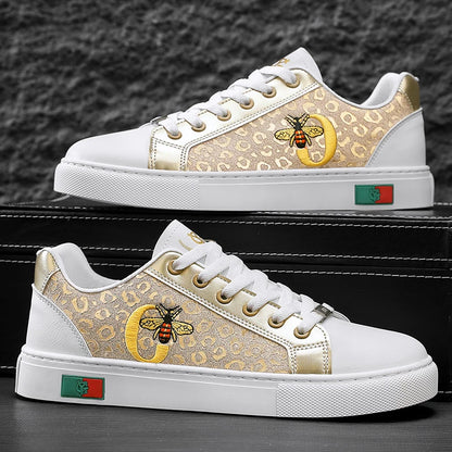 Sneakers casual da uomo, scarpe punk dorate con tomaia in microfibra e pelle, scarpe sportive con plateau rialzato.