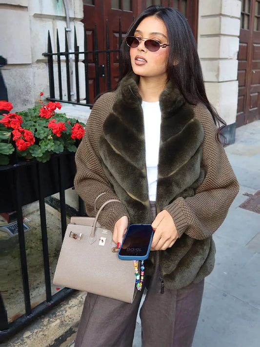 2025 Chic Plush Patchwork Coat Women Vintage Stand Collar Zipper Short Jackets Coats Female Winter Casual Street Outerwear